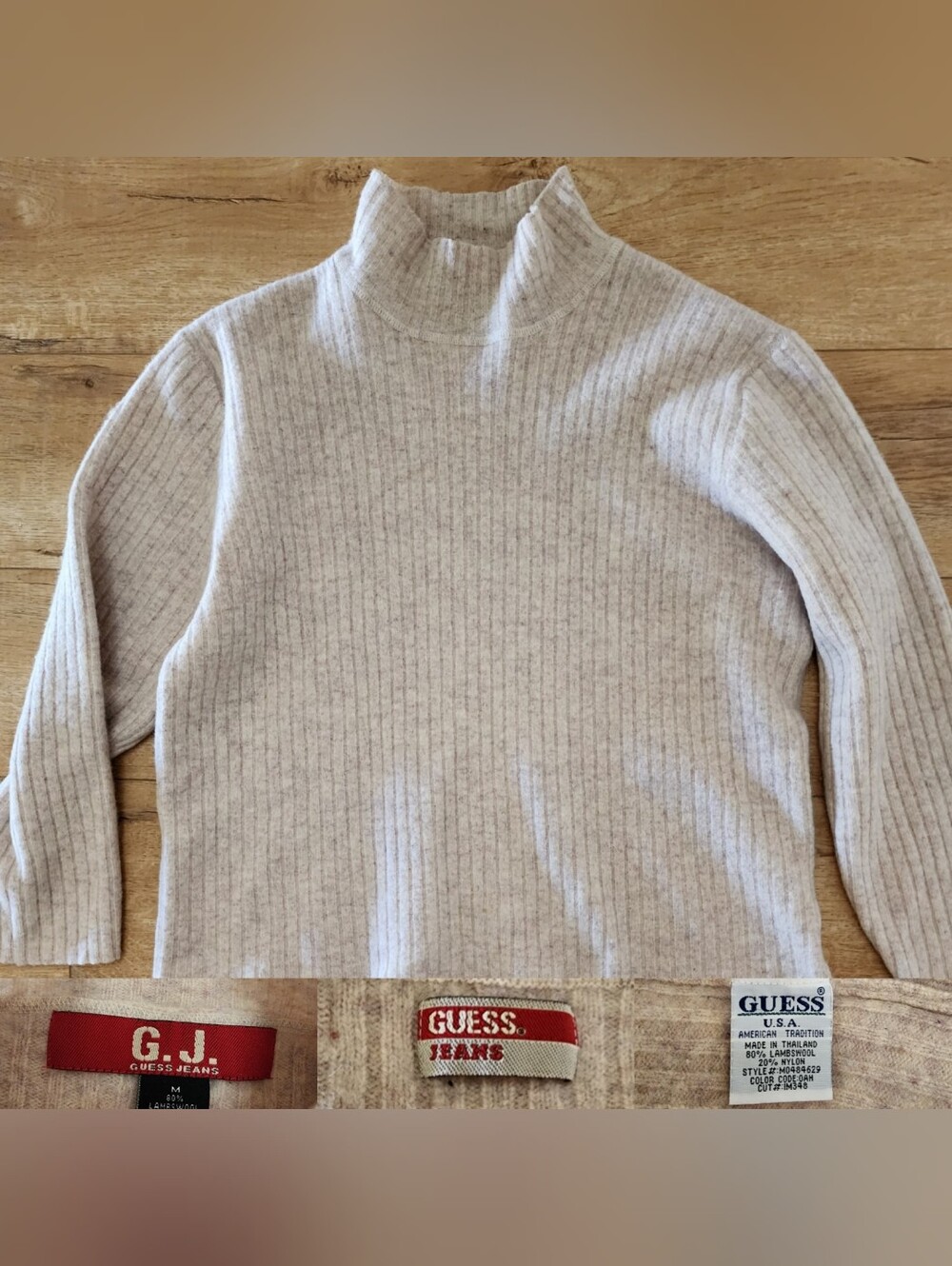 Vintage 90s G J Guess Jeans 80% Lambs wool Mock neck Sweater Women's M Oatmeal